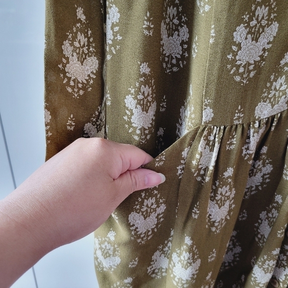 Garnet Hill Olive Green Floral Drop Waist Dress - Picture 6 of 14